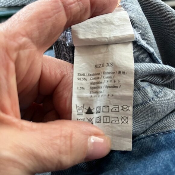 MO&Co. Blue Denim Overall Jumpsuit Front Button Bib Zip Fly Bell Bottom NWOT XS - Picture 11 of 12